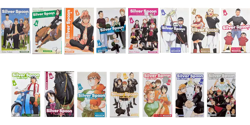Couvertures des 15 tomes de Silver Spoon d'Hiromu Arakawa